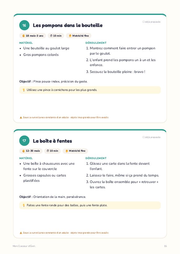 Exemple de fiches d'activités sensorielles